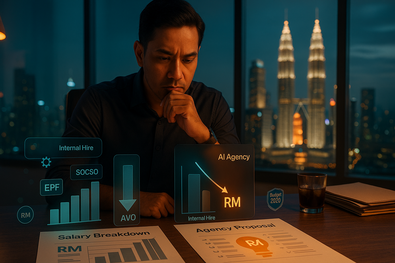 Malaysian SME founder comparing AI agency proposal and staff salary breakdown at a Kuala Lumpur office desk
