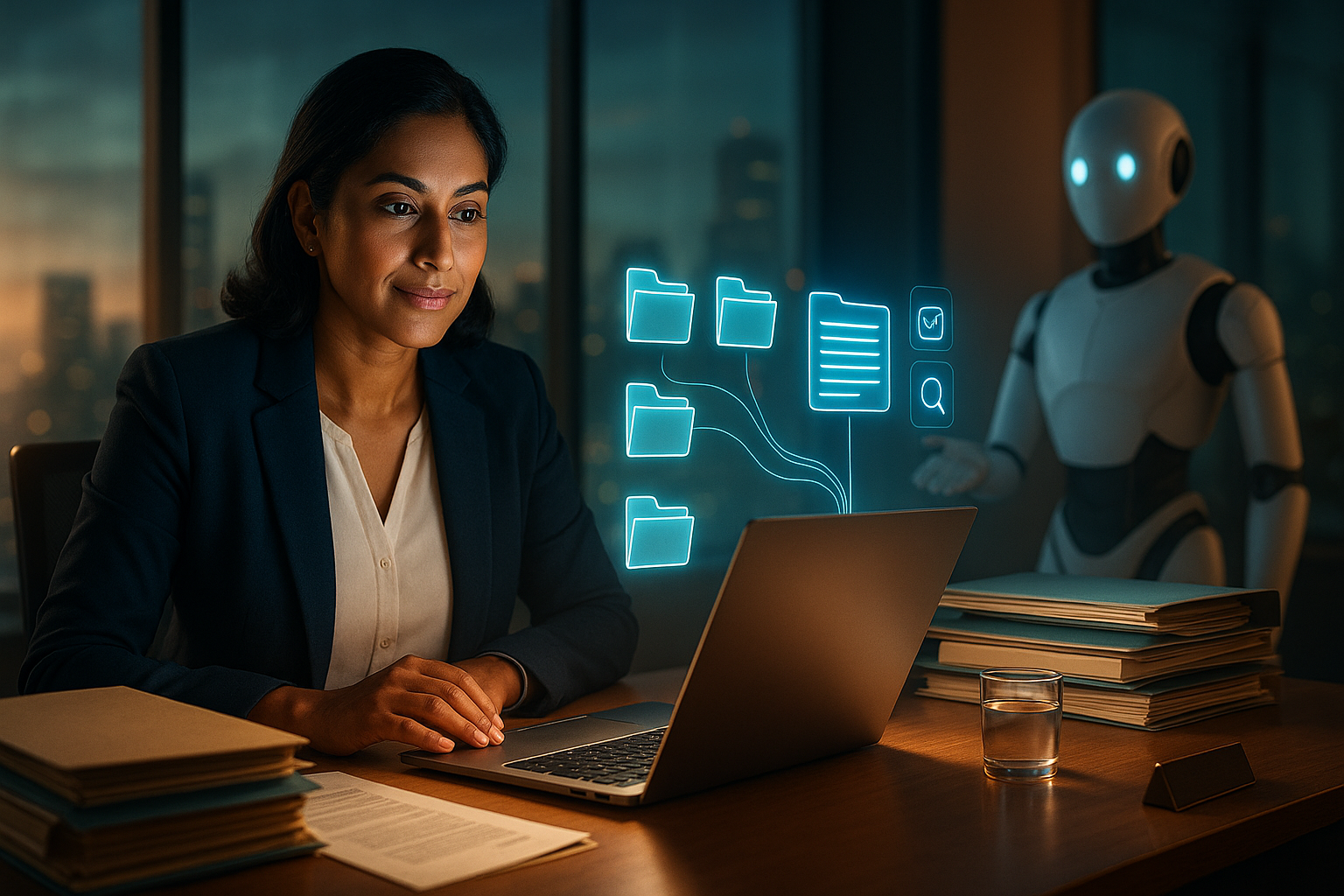 Small business owner reviewing AI generated answers from company documents on a laptop
