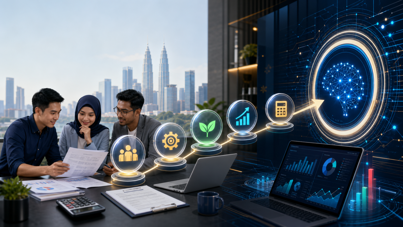 Malaysian SME founder reviewing MSME Digital Grant MADANI documents for AI automation funding at night