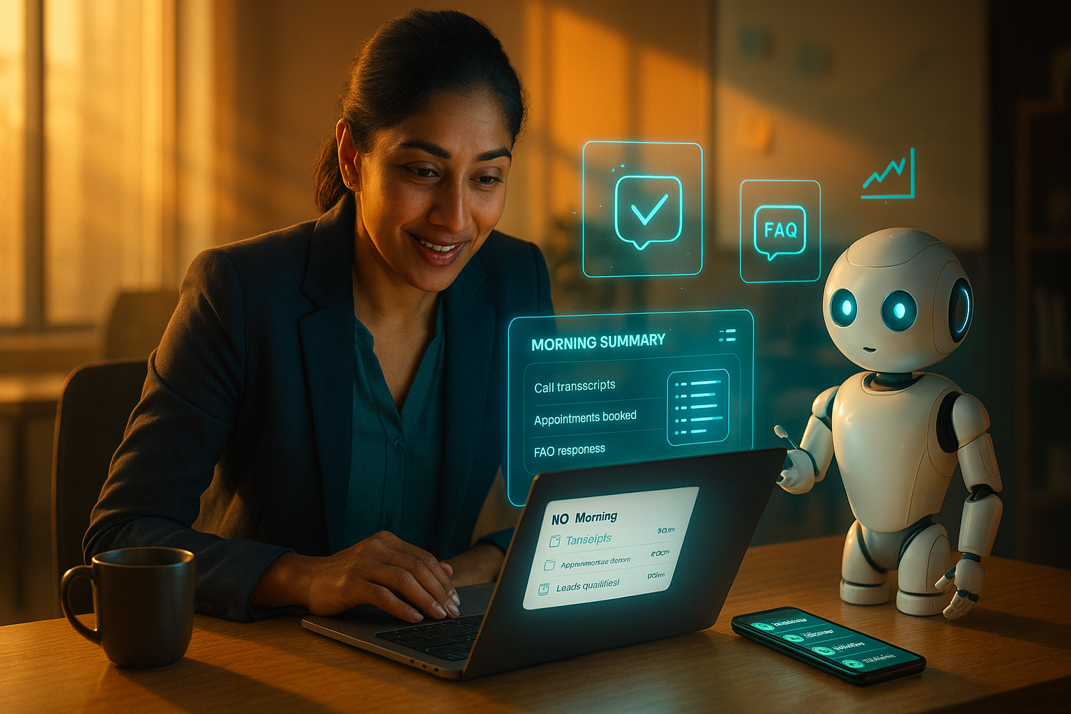 Small business owner reviewing overnight AI voice agent call summary on a laptop in a bright office