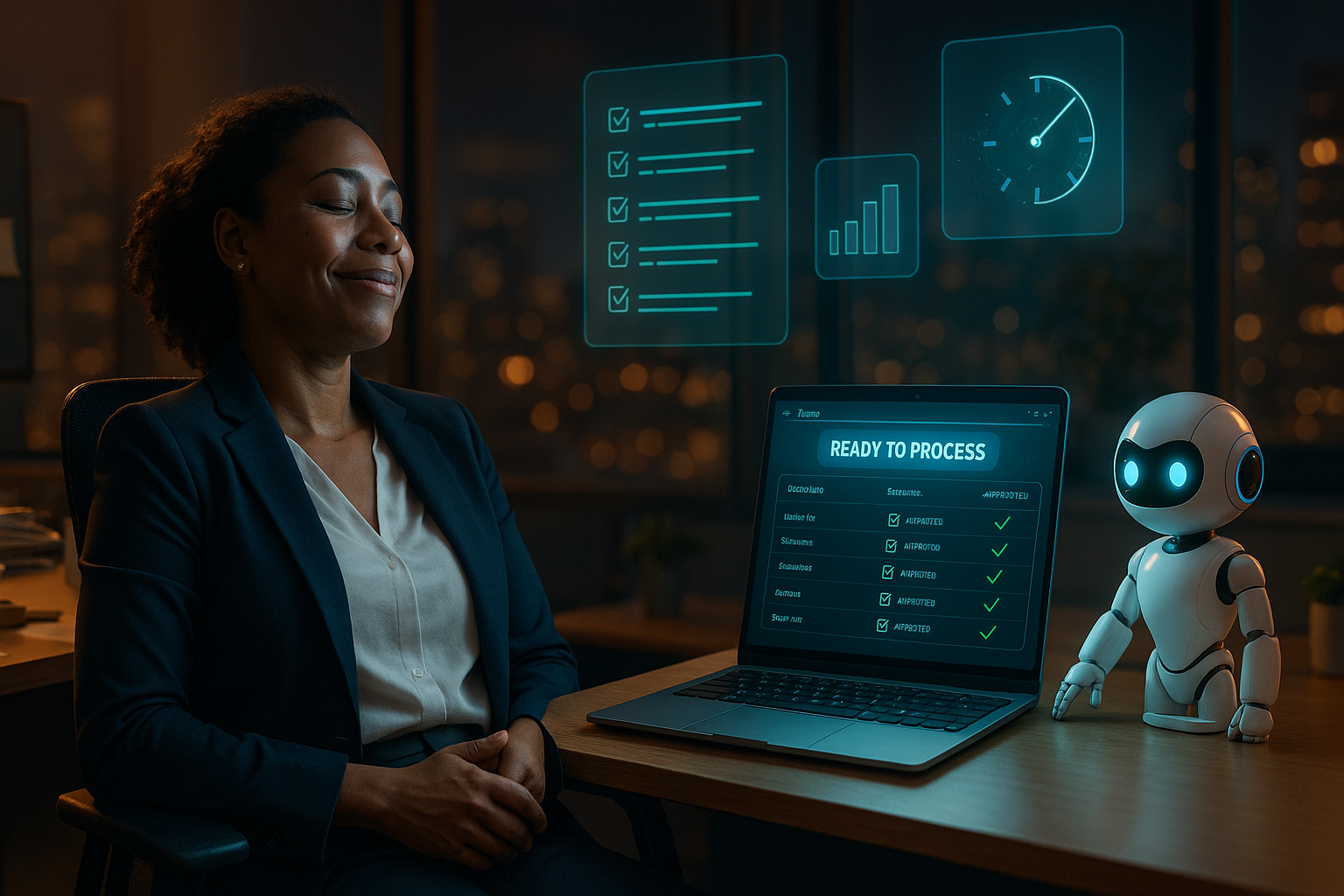 Small business ops director viewing a completed payroll data collection dashboard on a laptop screen