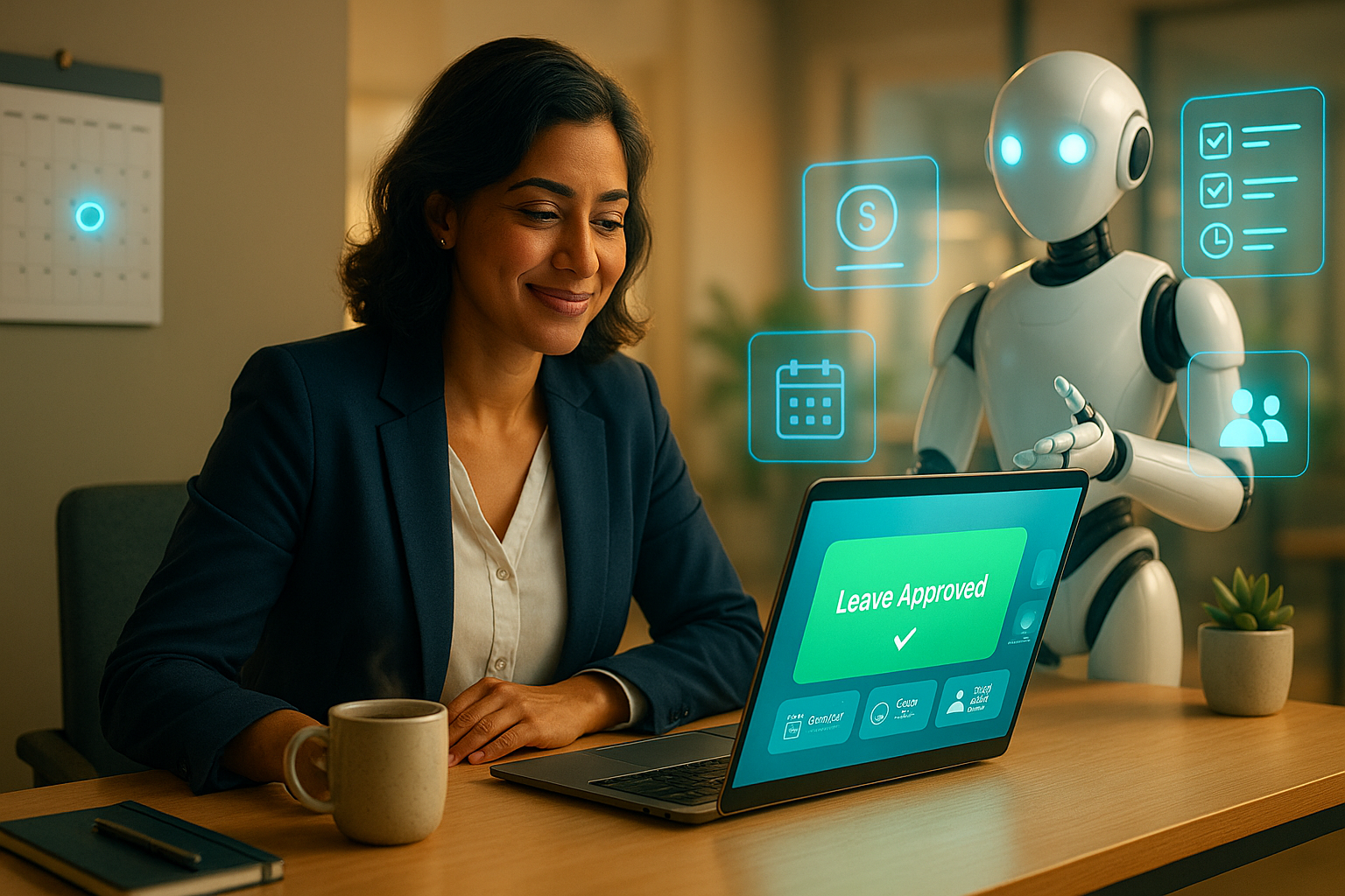 Small business owner approving an employee leave request on a laptop with a wall calendar in the background