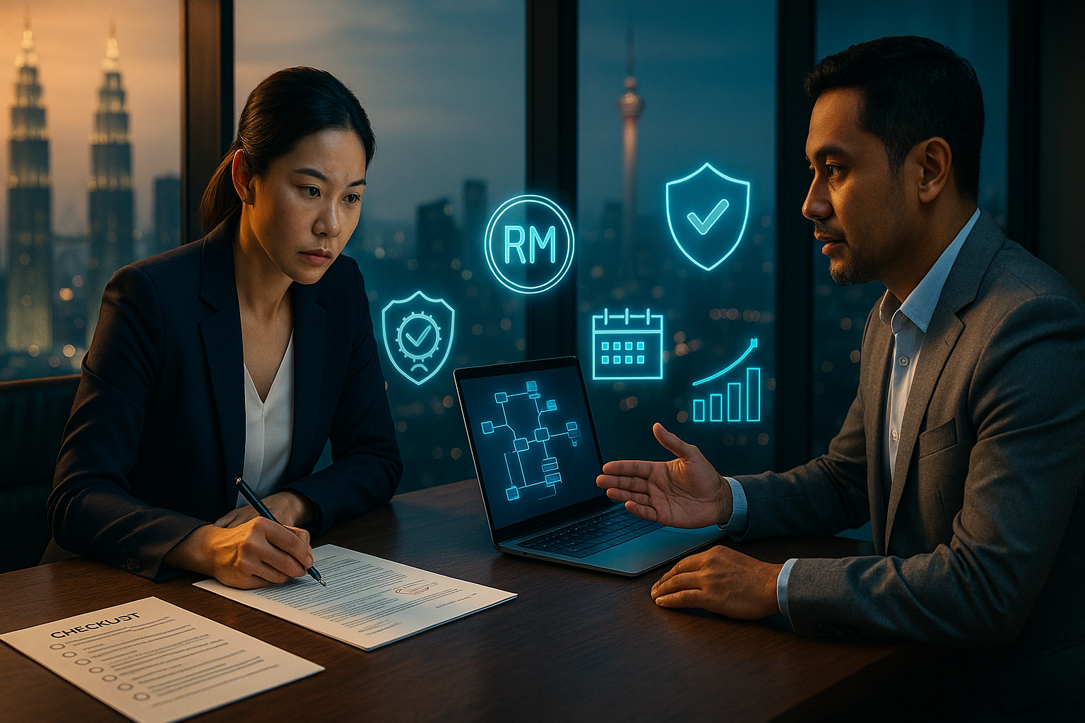 Malaysian SME founder reviewing an AI automation contract with an agency consultant in a Kuala Lumpur office