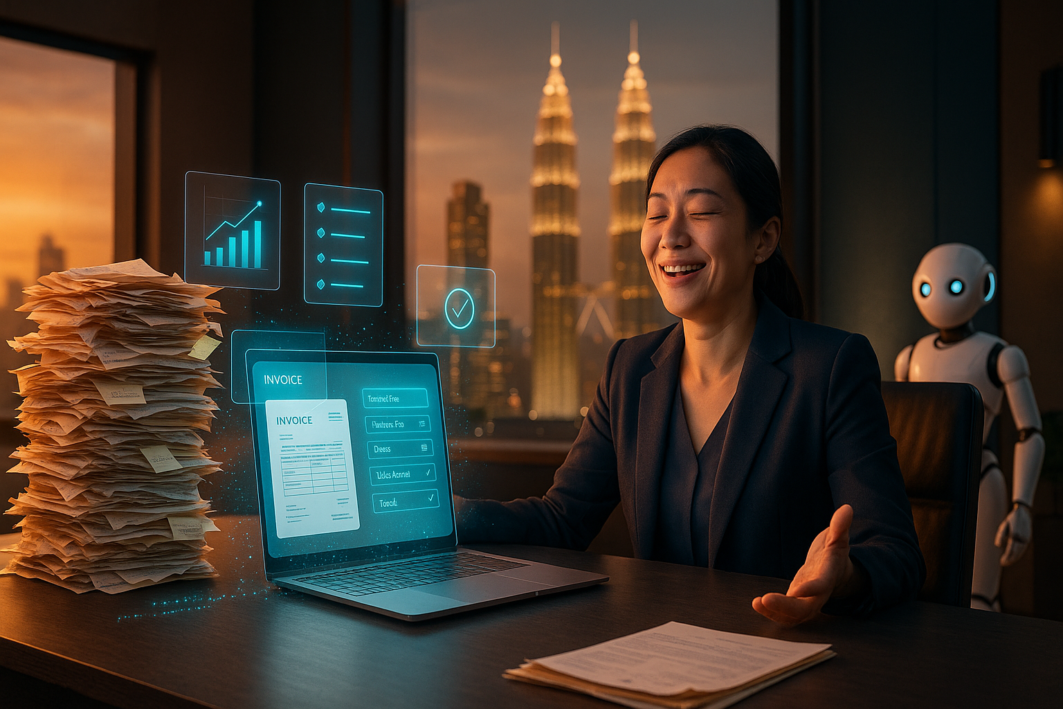 Malaysian finance executive reviewing AI extracted invoice data on a laptop in a Kuala Lumpur office