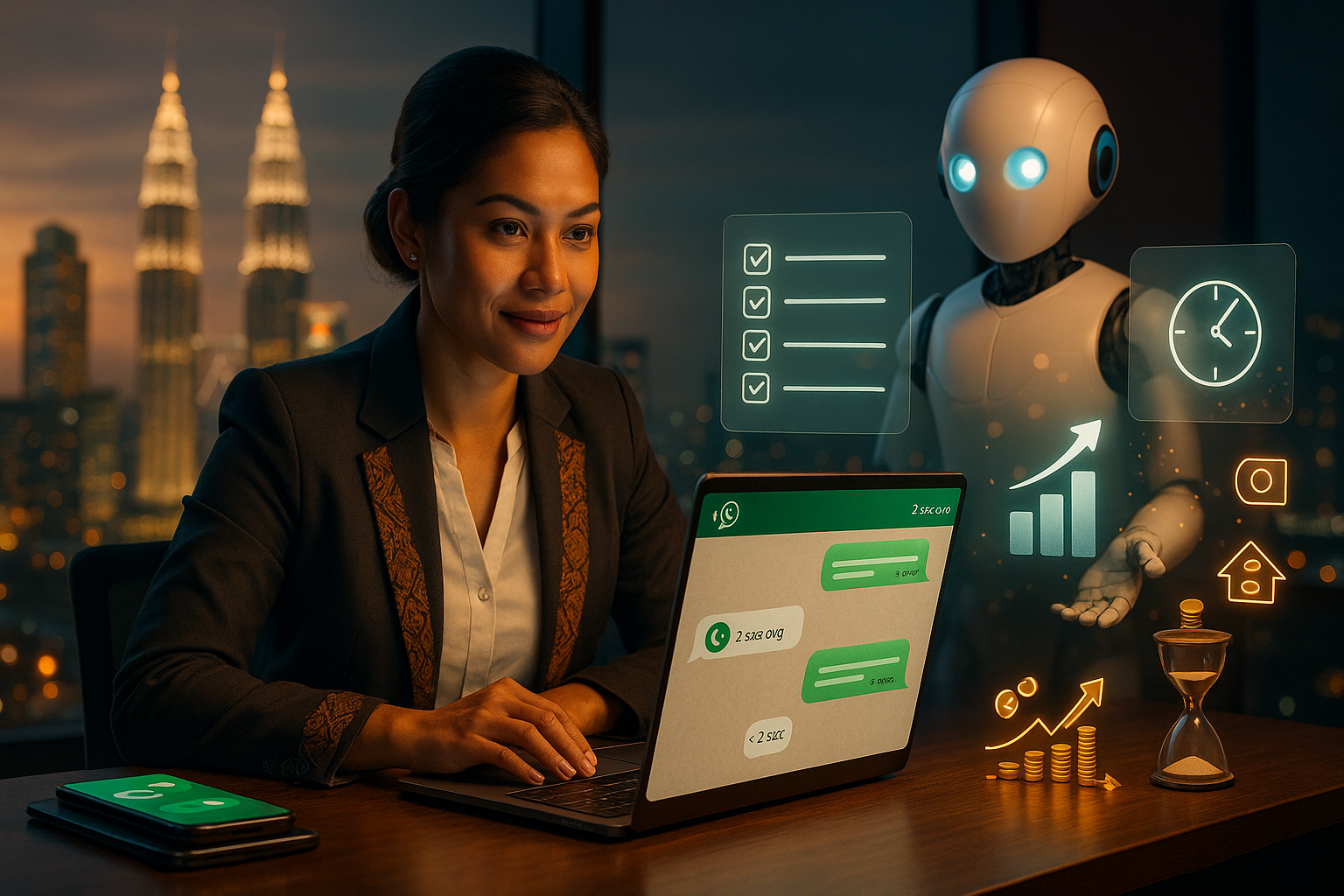 Malaysian SME founder reviewing AI automated WhatsApp customer support replies on a laptop in KL office