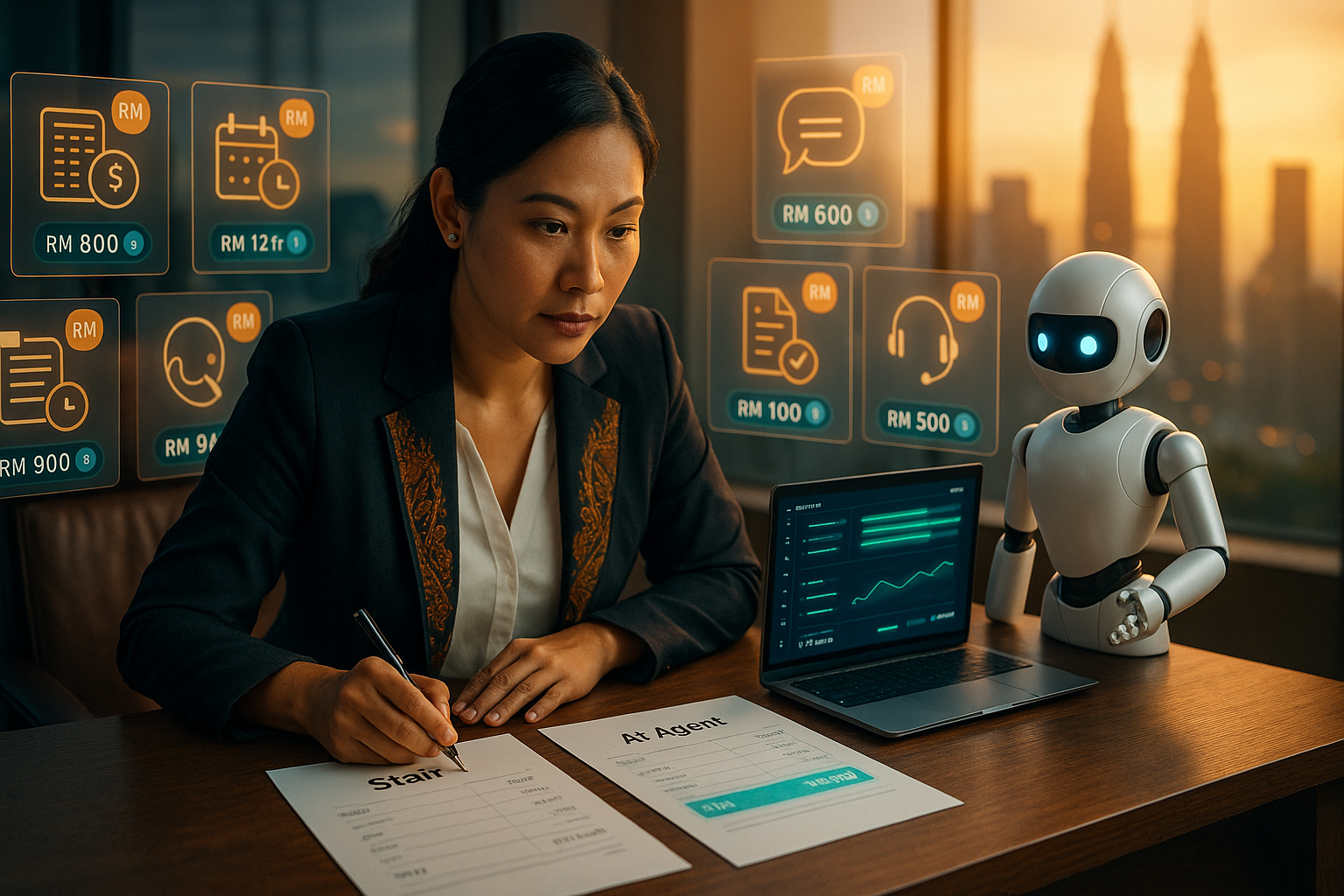 Malaysian SME founder comparing AI agent costs versus staff hiring costs at a KL office desk