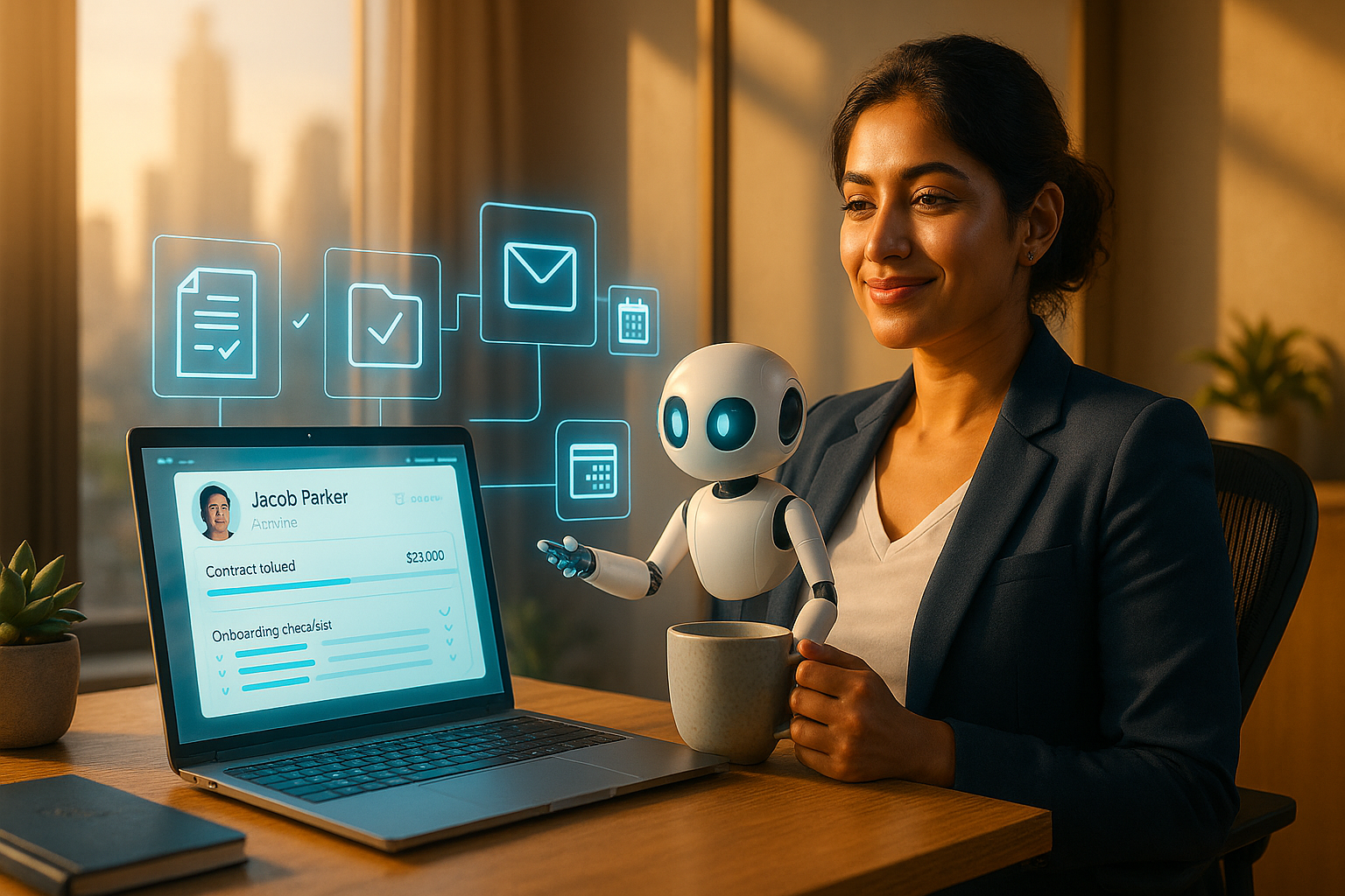 Small business founder watching automated client onboarding workflow complete on laptop screen