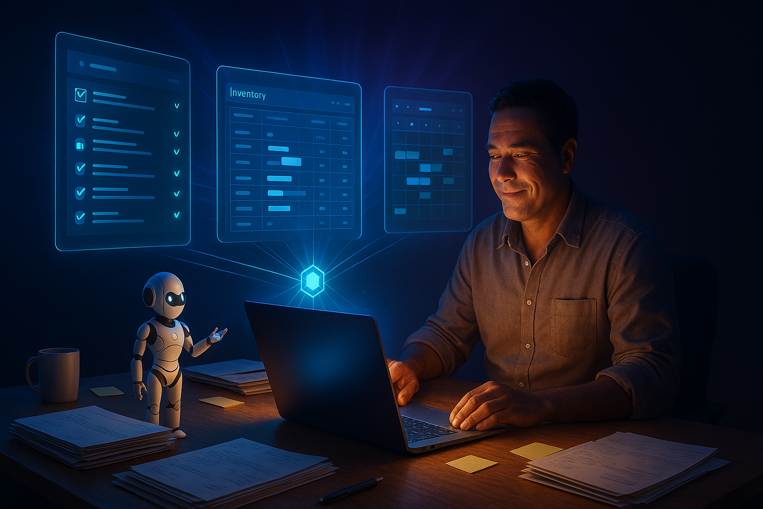 Small business owner reviewing AI agent task results on a laptop screen late at night