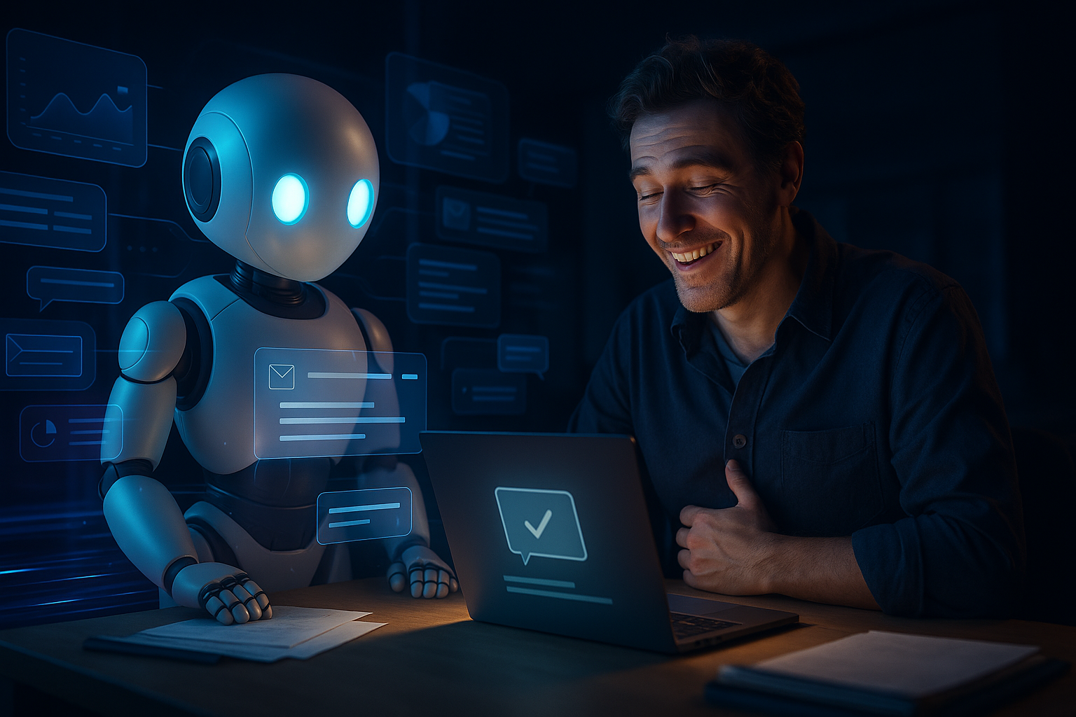 Small business founder relieved at desk seeing automated customer support inbox cleared overnight