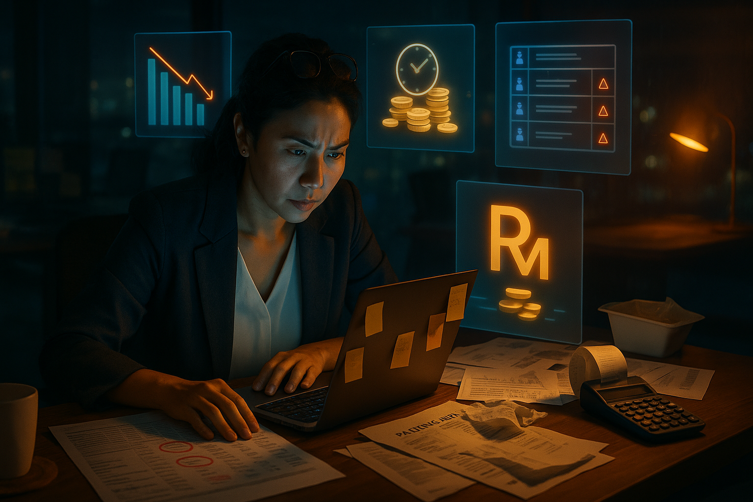 Malaysian SME founder reviewing staffing costs late at night before exploring AI workforce solutions in Malaysia