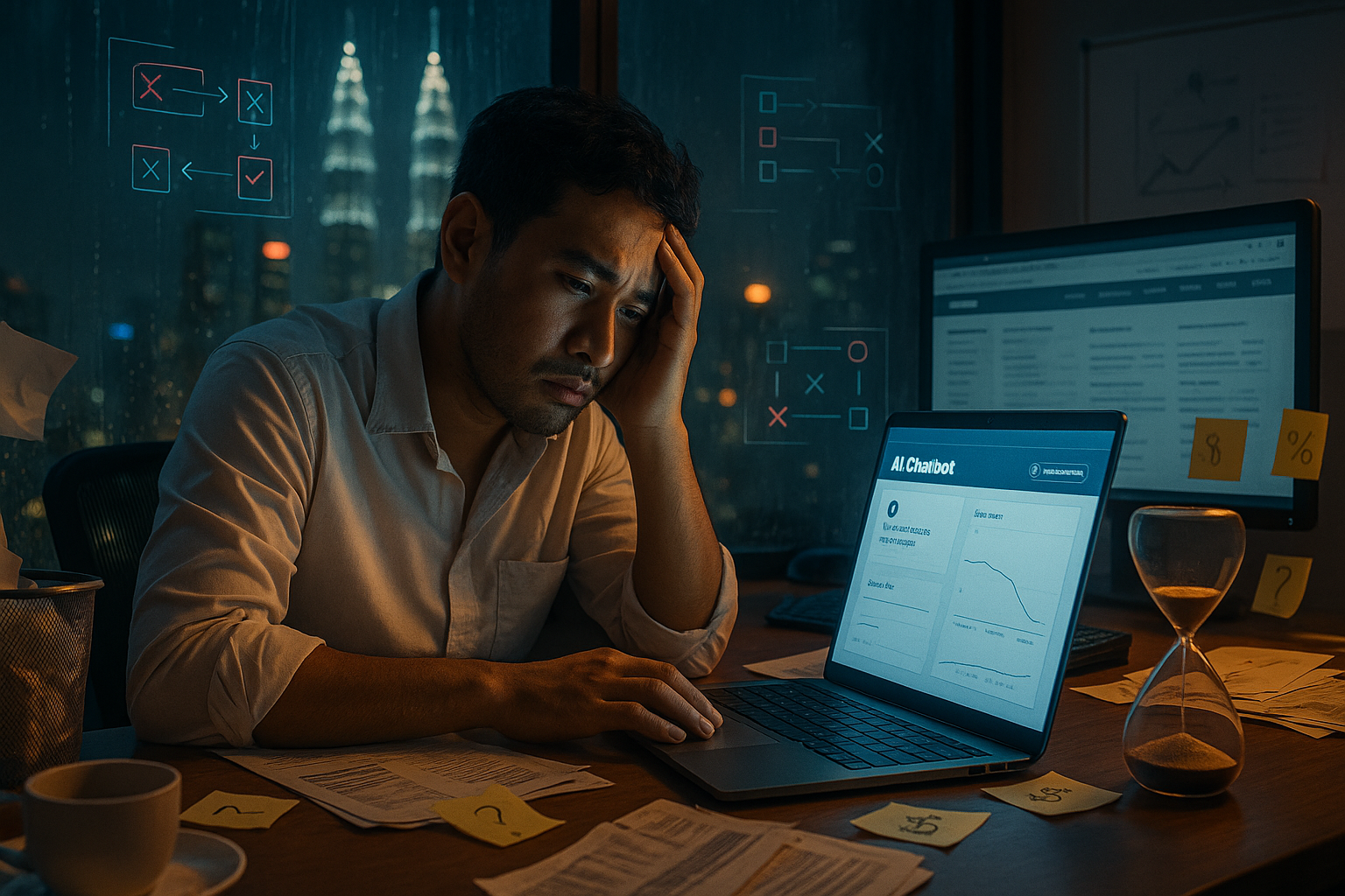 Malaysian SME founder looking at an unused AI chatbot dashboard at a Kuala Lumpur office desk